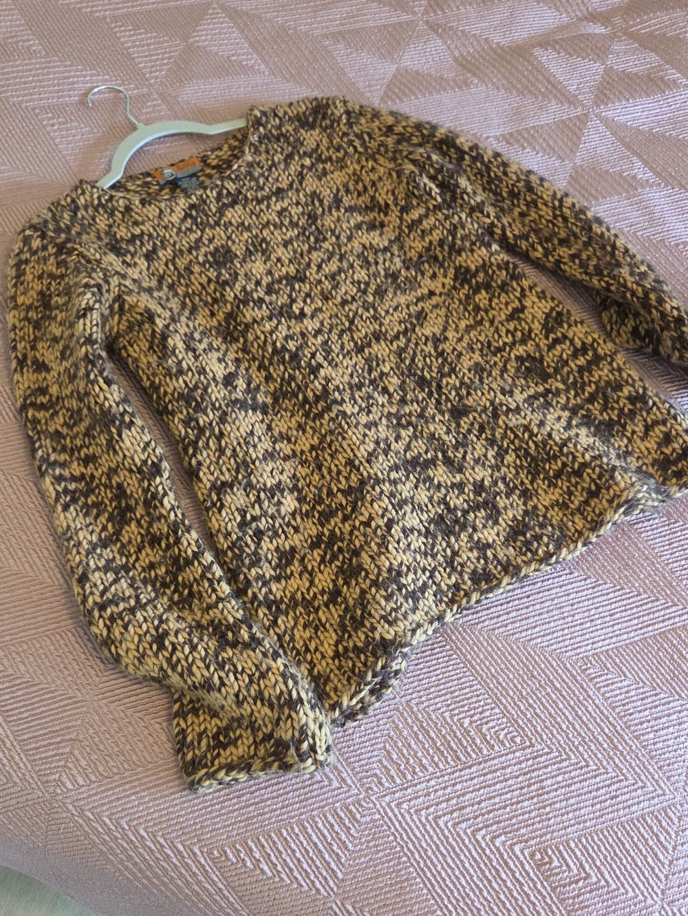 Women's Wool Marled Brown And Tan Crewneck Sweater - Chunky, Thick Weave